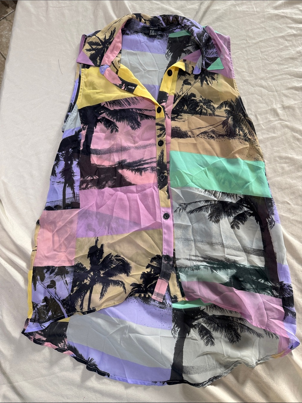 Long Sleeve Tropical Print Button-Front Dress - Multi Pastel